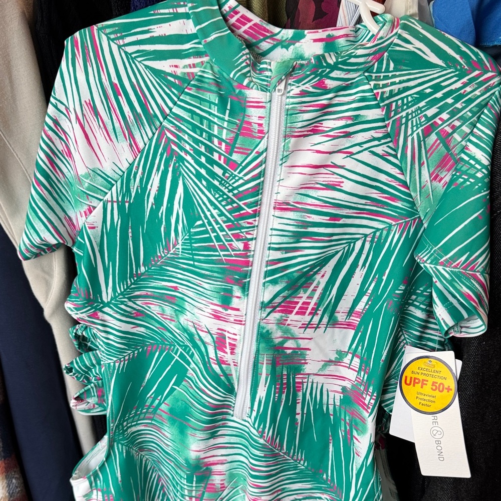 Tropical Green and Pink Zip-Up Rash Guard - 16 big girls